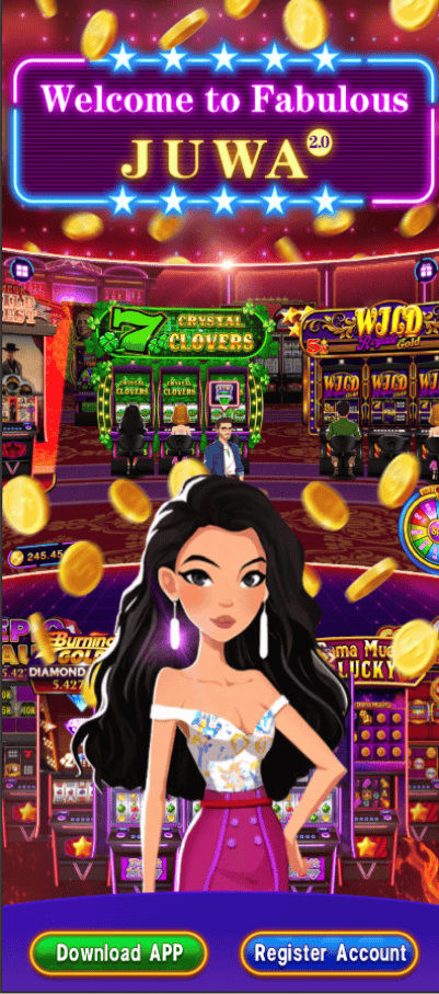 JUWA 2.0 welcome screen with cartoon character and casino-themed background.