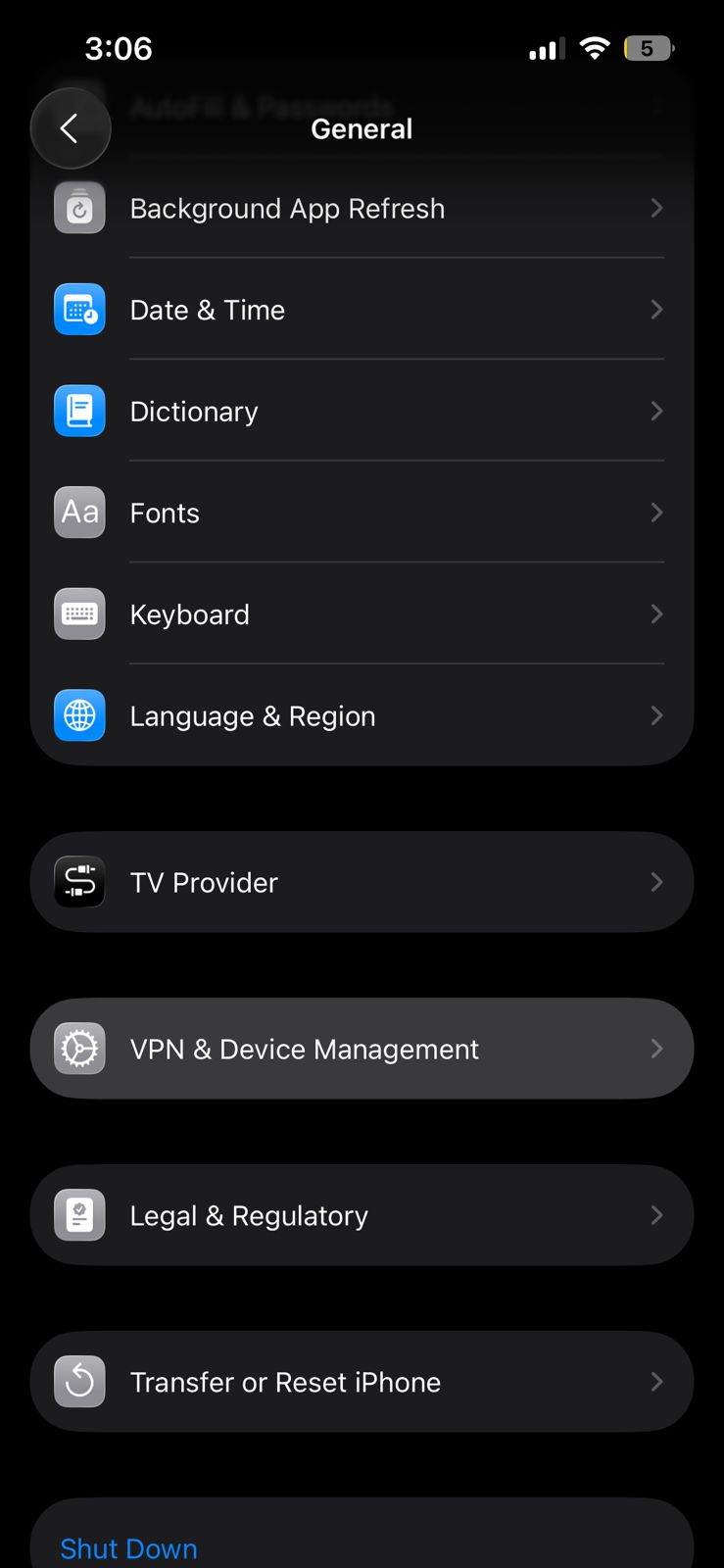 VPN & Device Management location in iOS