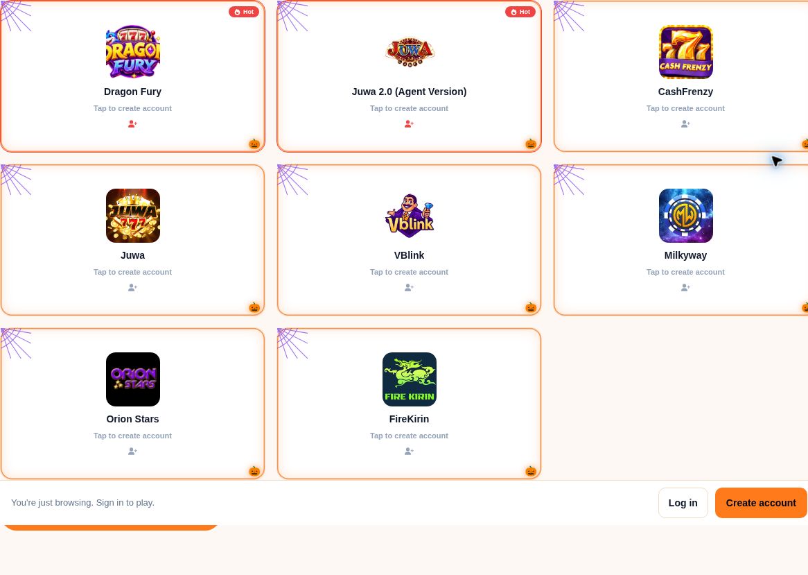 Public AGA catalogue showing game choices including Juwa, Orion Stars and Fire Kirin