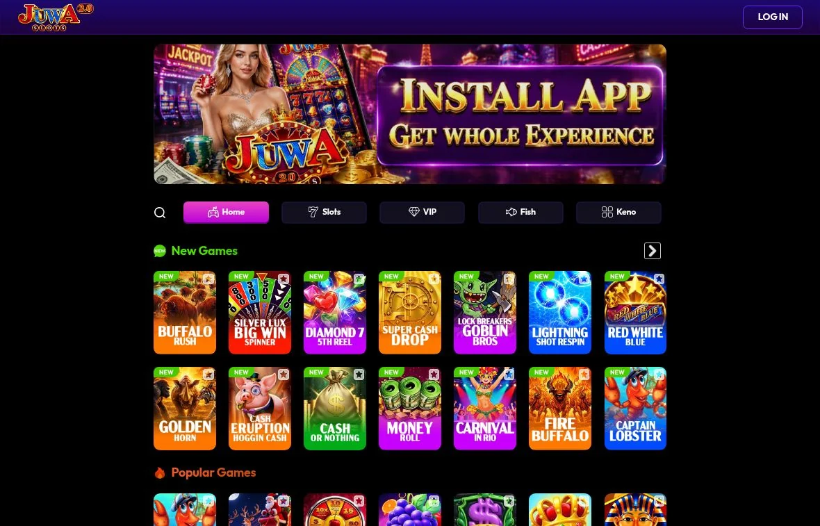 Juwa 2.0 web lobby with its game selection and login button