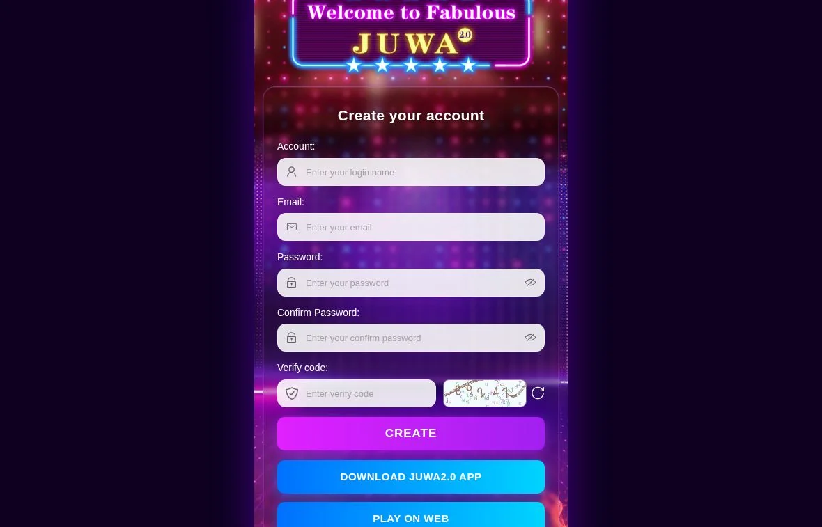 Juwa 2.0 access page with registration, Android download and Play on Web options